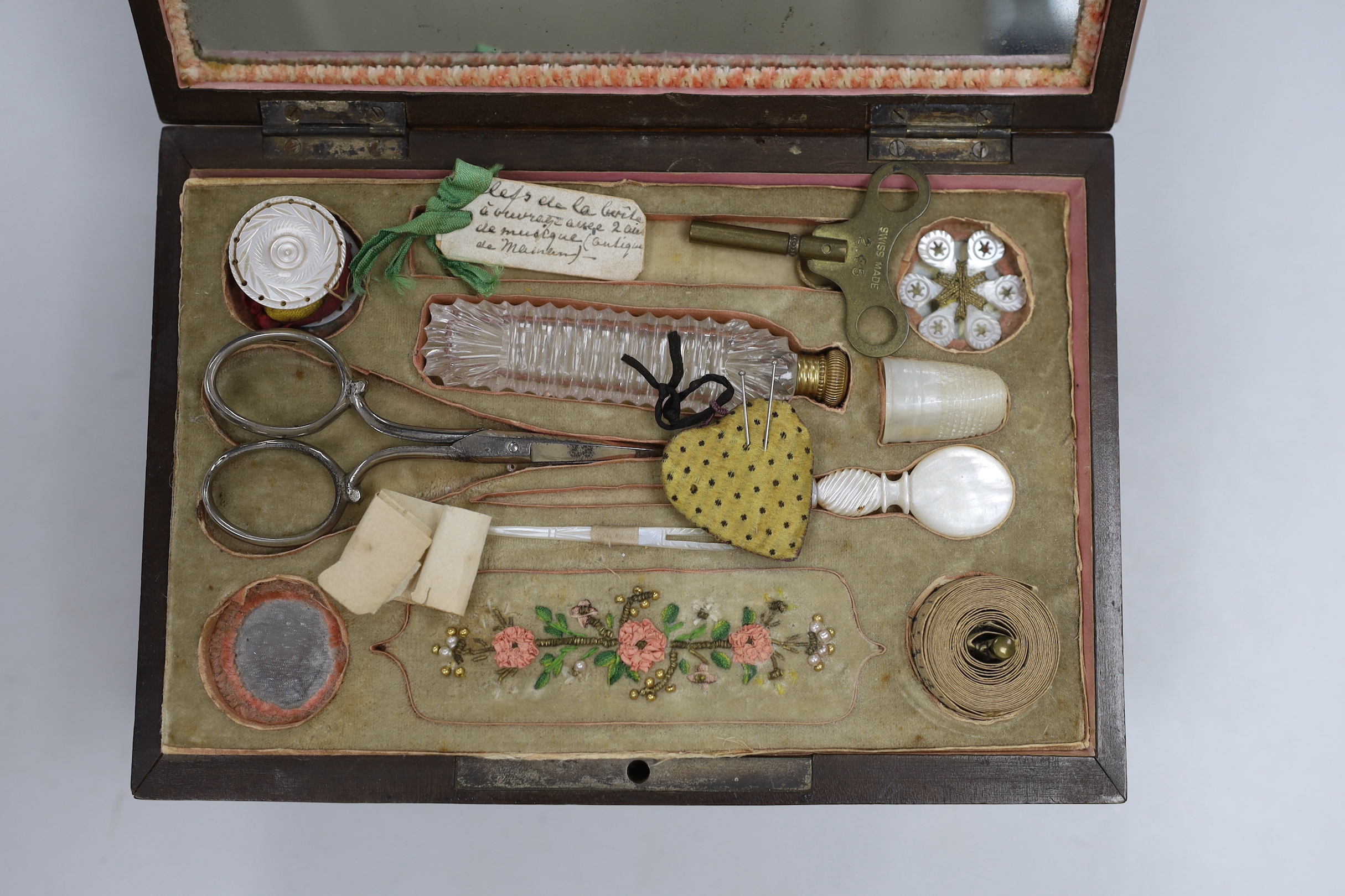 An early 19th century French West Indies satinwood and cut-steel musical sewing box, 19cm wide, 9cm high